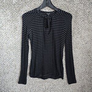 Lucky Brand Top Womens XS Black Striped Neck Tie Long Sleeve Tee Casual‎